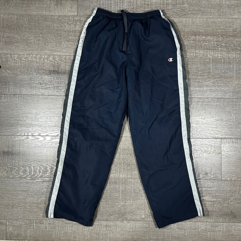 Champion Mens Navy Blue Striped Windbreaker Track Pants Mesh Lined Size M